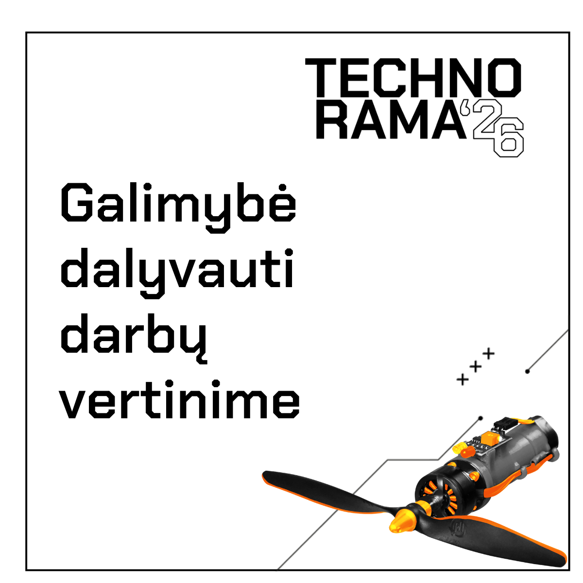 Vizuale nurodomos inovacijų parodos vertės partneriams, parodos logotipas ir stilizuotas geltonos spalvos renginio vizualinis elementas - prototipas su propeleriu. Tekstas skelbia: &bdquo;Technorama&ldquo; inovacijų nauda partneriams &ndash; galimybė dalyvauti darbų vertinime.