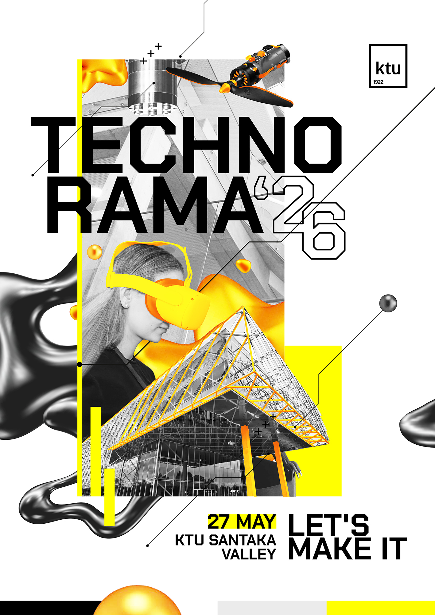 Technorama 2026 parodos pagrindinis vizualas: vaizduojamas pastatas ir moteris su 3D akiniais. Geltonos ir pilkos abstraktūs vizualai.